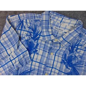 Tommy Bahama Shirt Mens 2XL Blue Plaid Floral Camp Resort Vacation Tropical
